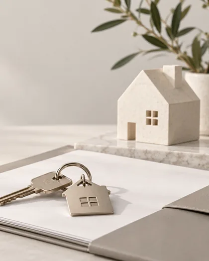 Keys on a folder of documents beside a small model house